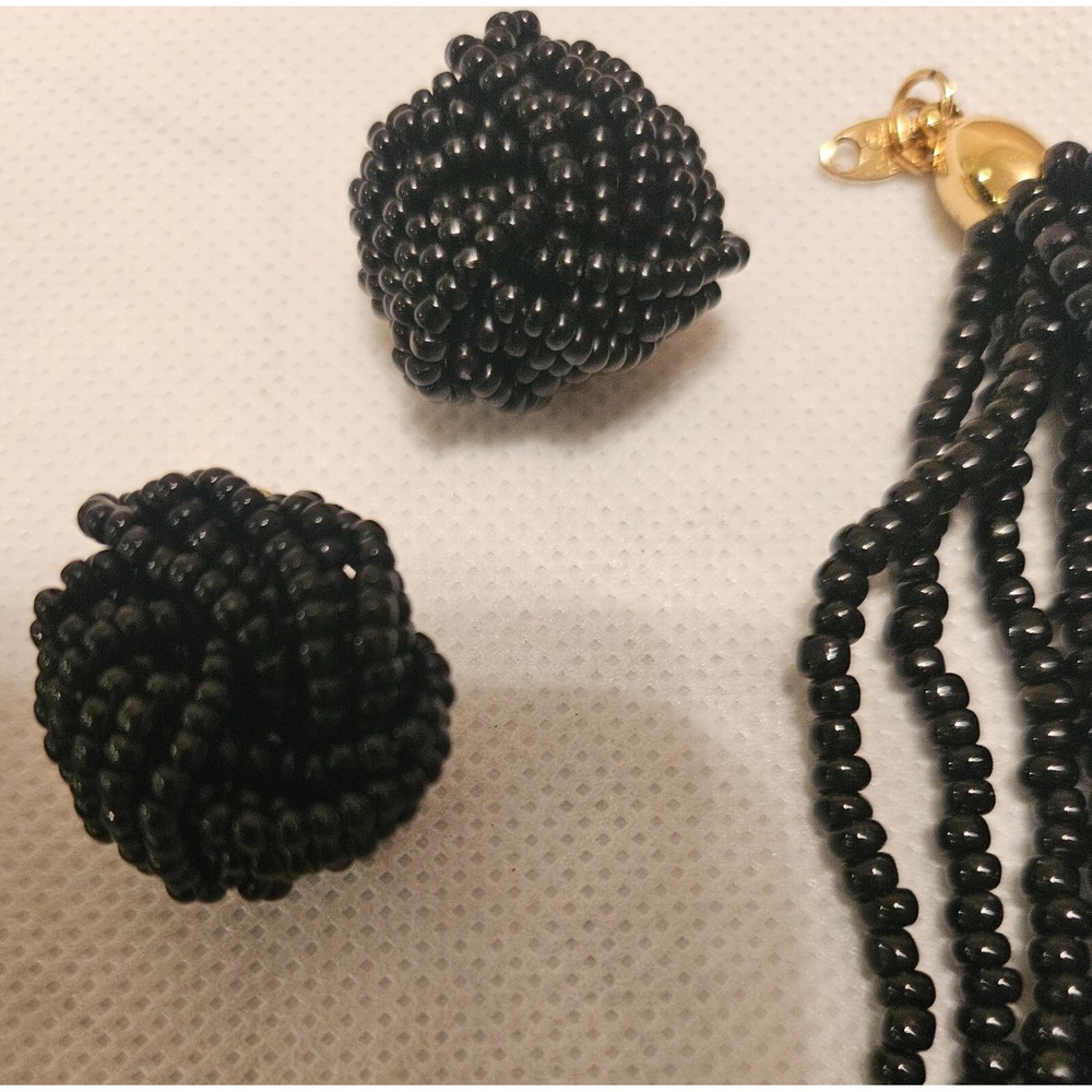 VINTAGE TRIFARI Beaded Necklace and Earrings Set - Black Seed Beads Jewelry Set - Picture 10 of 15